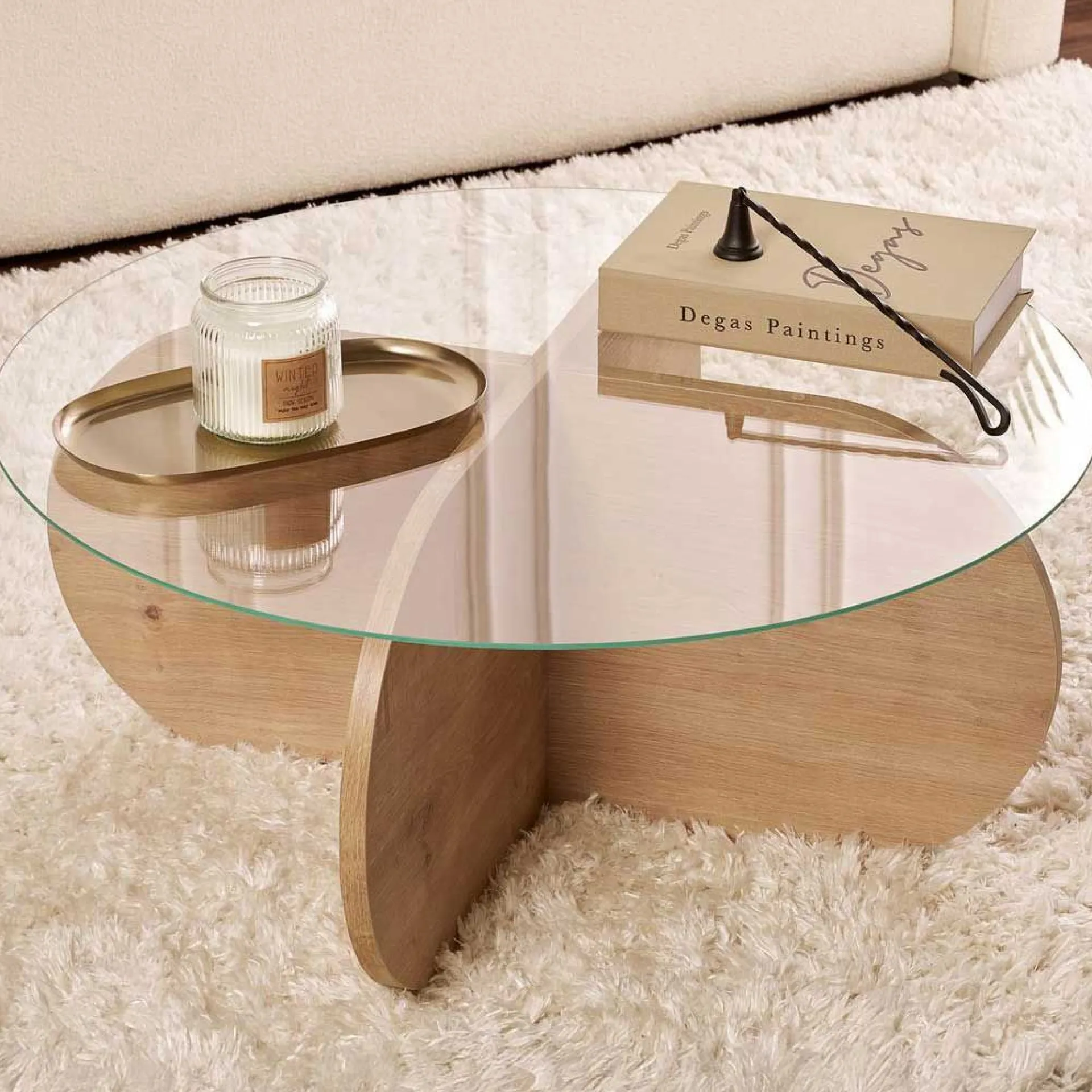 Emob Couchtisch Aeris - 100% TEMPERED GLASS - Saphireiche - 35 x 75 x 75 cm