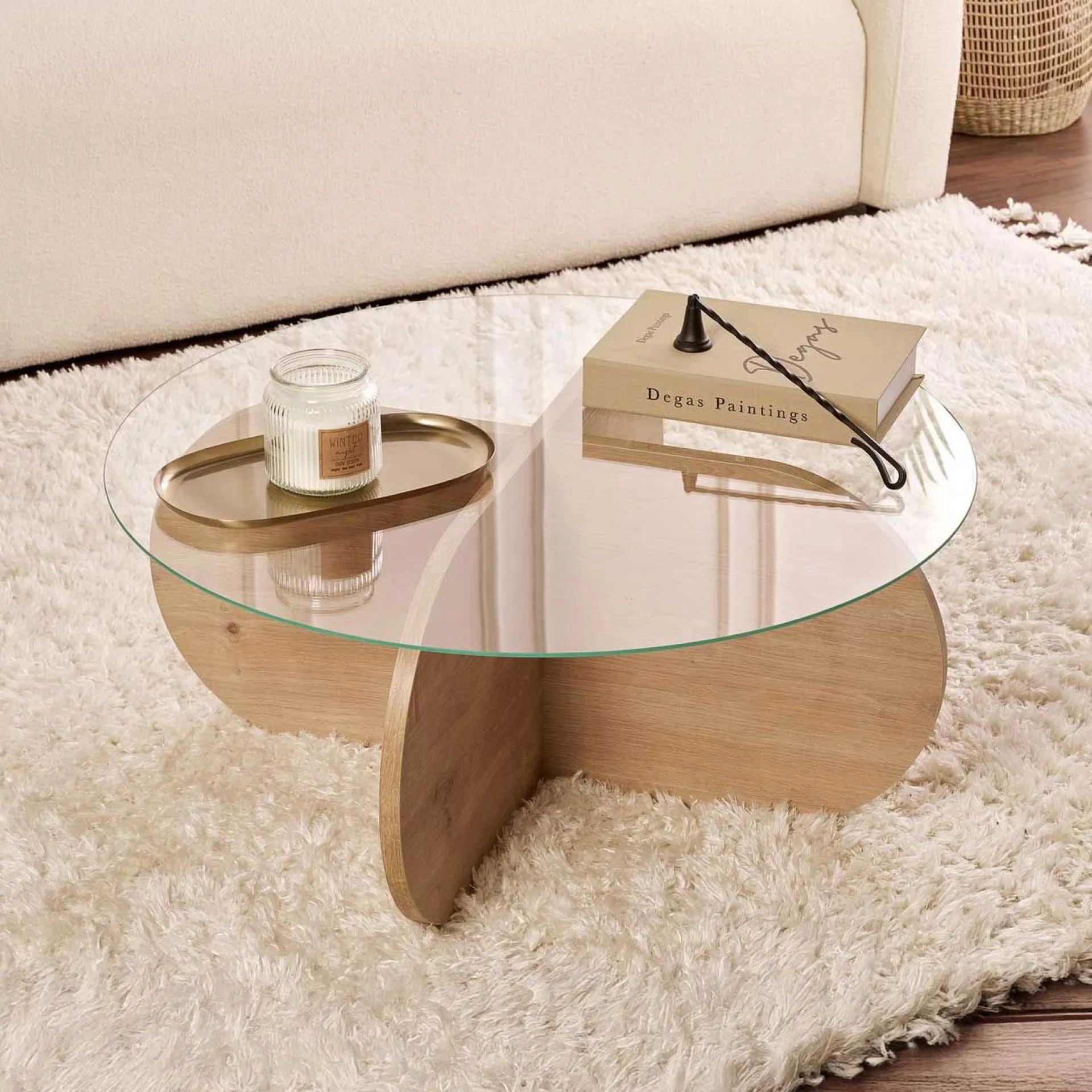 Emob Couchtisch Aeris - 100% TEMPERED GLASS - Saphireiche - 35 x 75 x 75 cm
