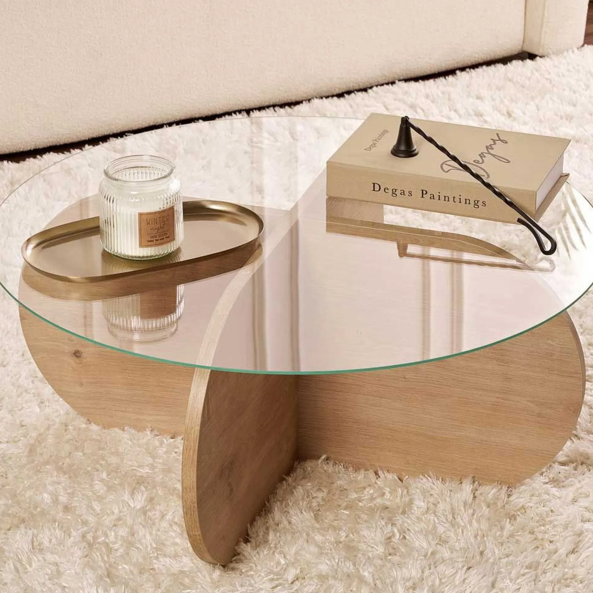 Emob Couchtisch Aeris - 100% TEMPERED GLASS - Saphireiche - 35 x 75 x 75 cm