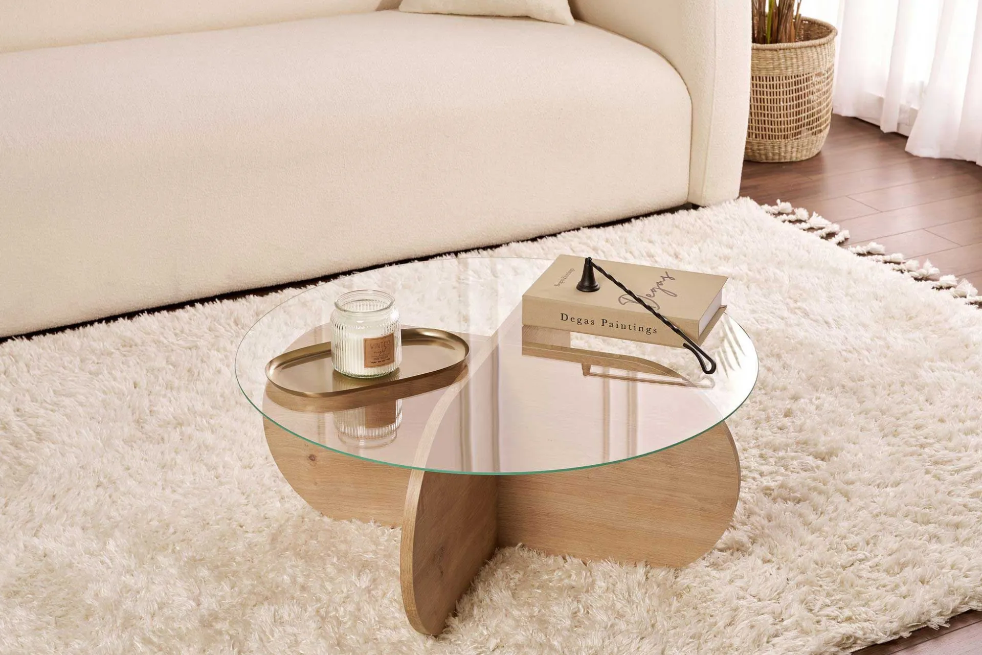Emob Couchtisch Aeris - 100% TEMPERED GLASS - Saphireiche - 35 x 75 x 75 cm