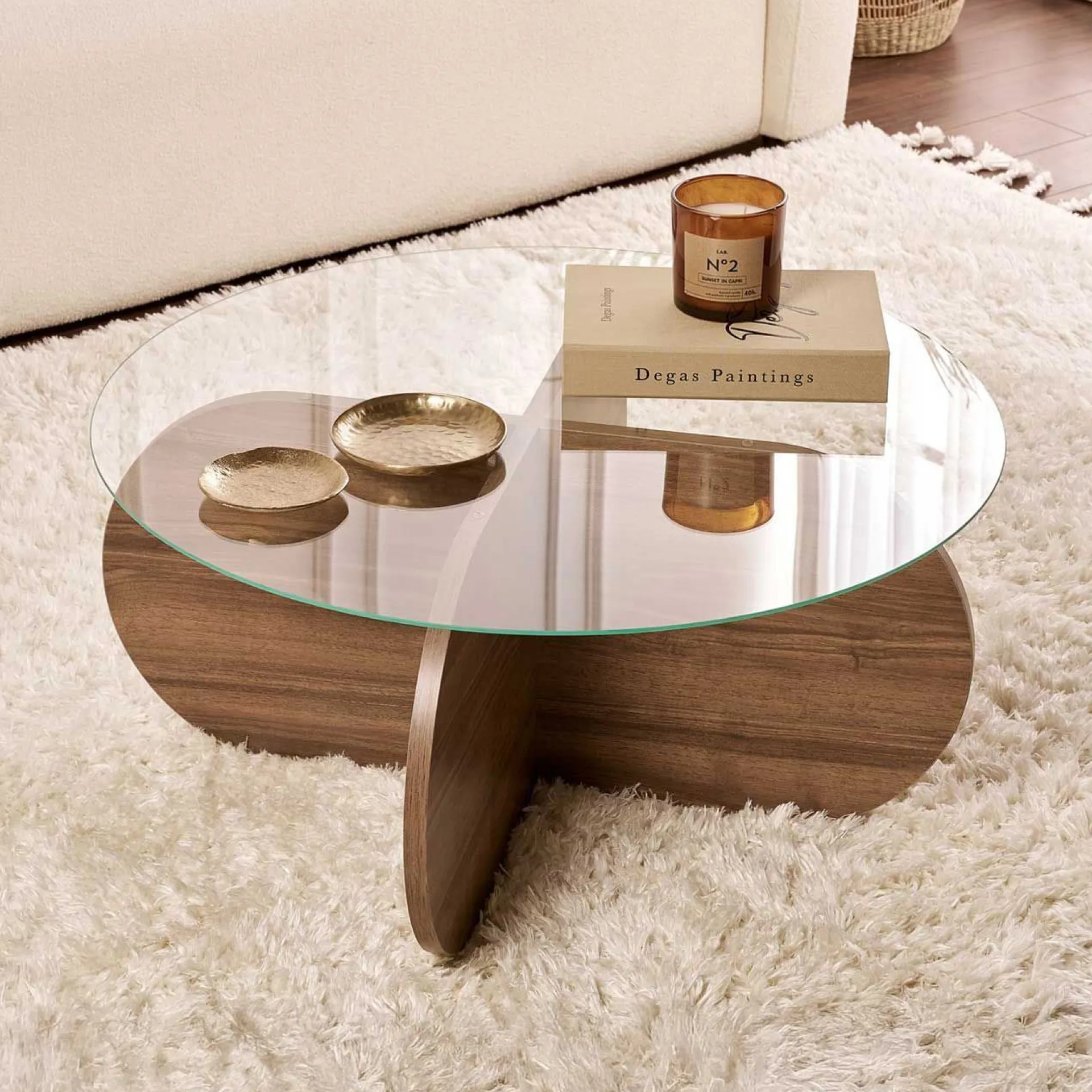 Emob Couchtisch Aeris - 100% TEMPERED GLASS - Walnuss - 35 x 75 x 75 cm