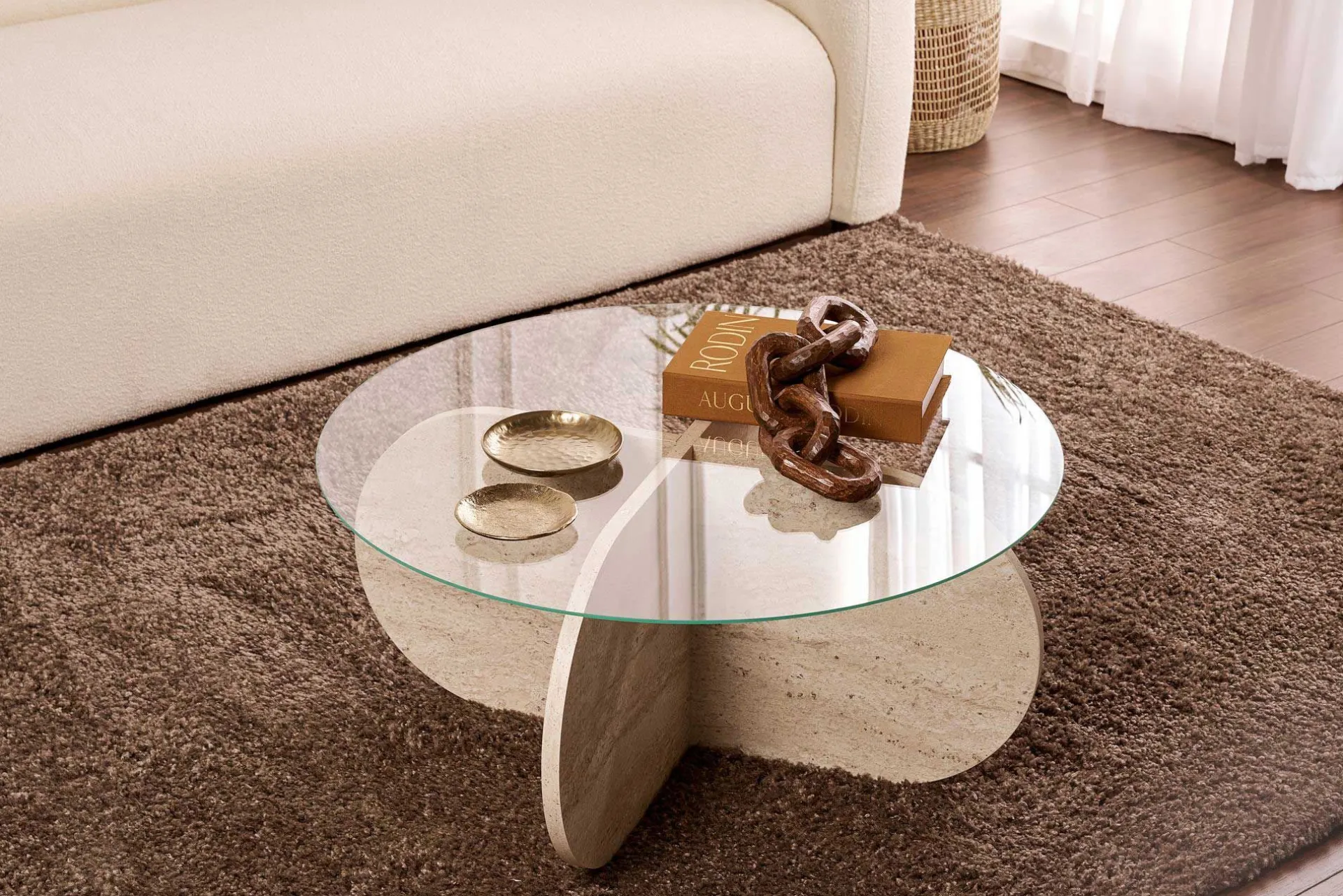 Emob Couchtisch Aeris - 100% TEMPERED GLASS - Travertin - 35 x 75 x 75 cm