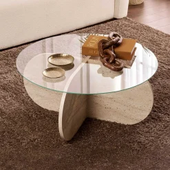 Emob Couchtisch Aeris - 100% TEMPERED GLASS - Travertin - 35 x 75 x 75 cm