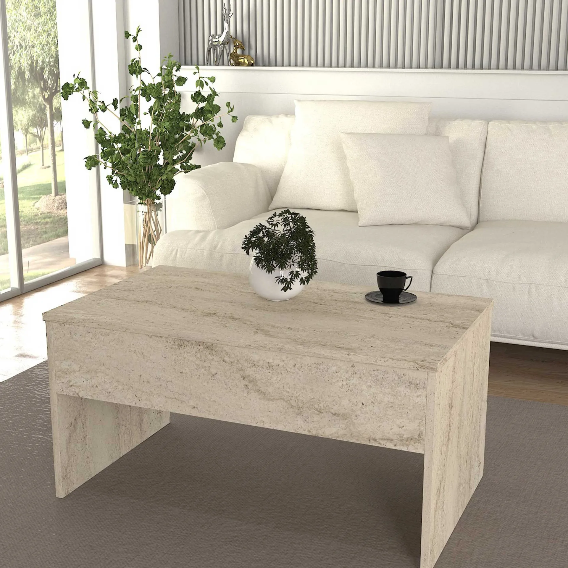 Emob Couchtisch Akilli - 90x52x45cm - mit Ablage - Travertin