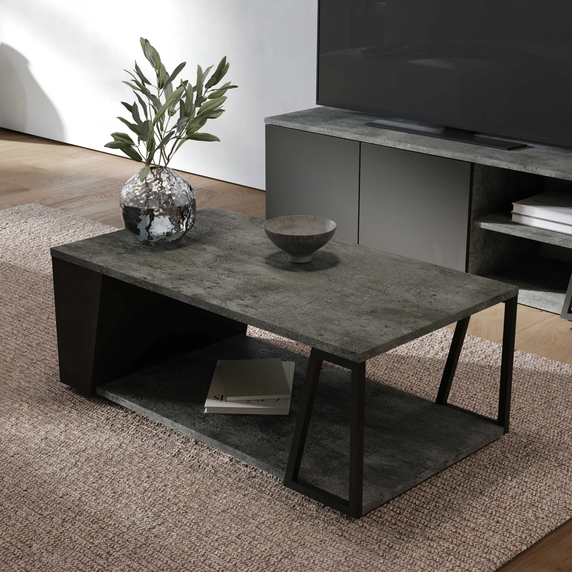 Temahome Couchtisch Albérique 1 offenes Fach und 1 seitliches Ablagefach - Beton/Matt