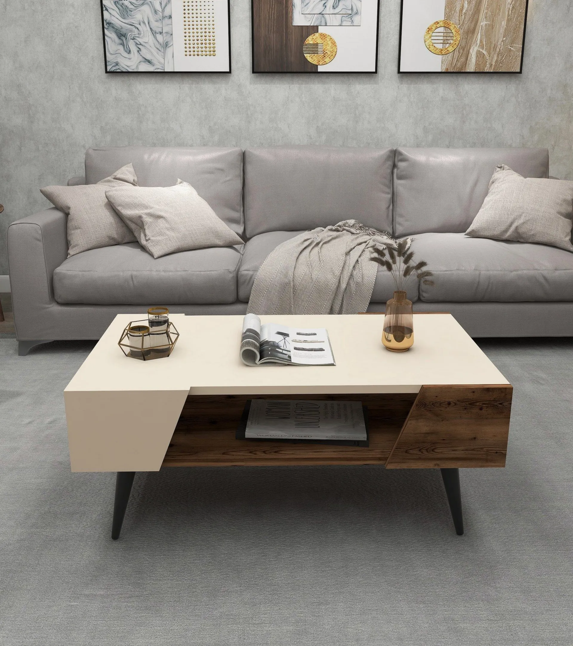 Emob Couchtisch Aren - 100% MELAMINE - Beige - 90 x 38 x 53,6 cm