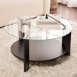 Emob Couchtisch Clara - 100% TEMPERED GLASS - Holzschwarz - 40 x 75 x 75 cm