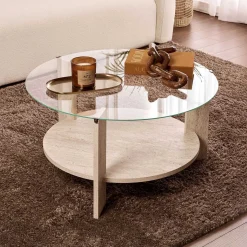 Emob Couchtisch Clara - 100% TEMPERED GLASS - Travertin - 40 x 75 x 75 cm