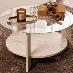 Emob Couchtisch Clara - 100% TEMPERED GLASS - Travertin - 40 x 75 x 75 cm