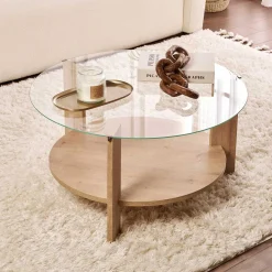 Emob Couchtisch Clara - 100% TEMPERED GLASS - Saphireiche - 40 x 75 x 75 cm