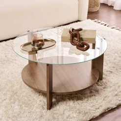 Emob Couchtisch Clara - 100% TEMPERED GLASS - Walnuss - 40 x 75 x 75 cm