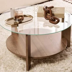 Emob Couchtisch Clara - 100% TEMPERED GLASS - Walnuss - 40 x 75 x 75 cm