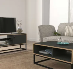 Emob Couchtisch Dolores - 90x60x42cm - mit Ablage - Anthrazit/Eiche Dekor