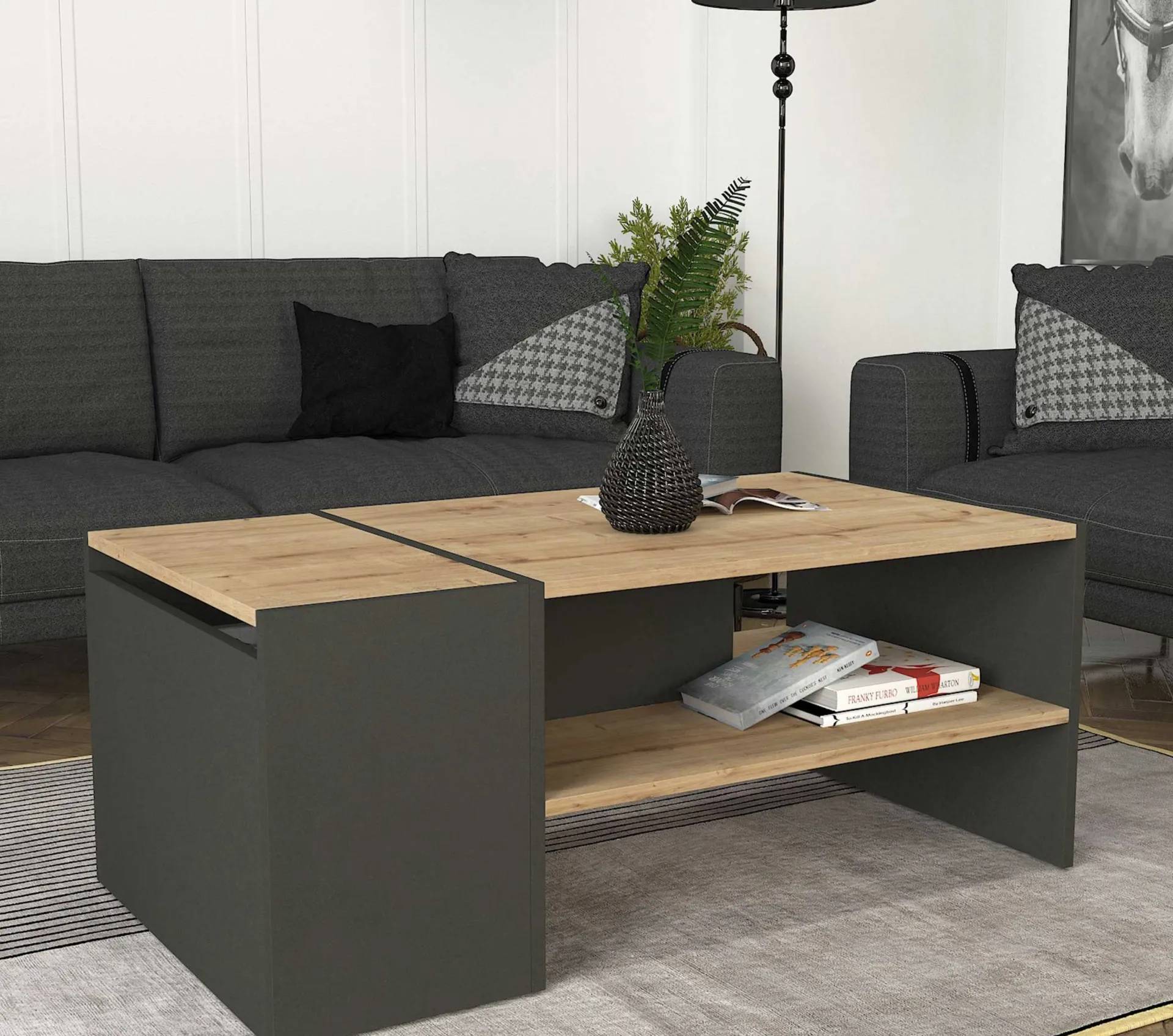 Emob Couchtisch Izia - 110x60x45cm - Anthrazit/Eiche Dekor