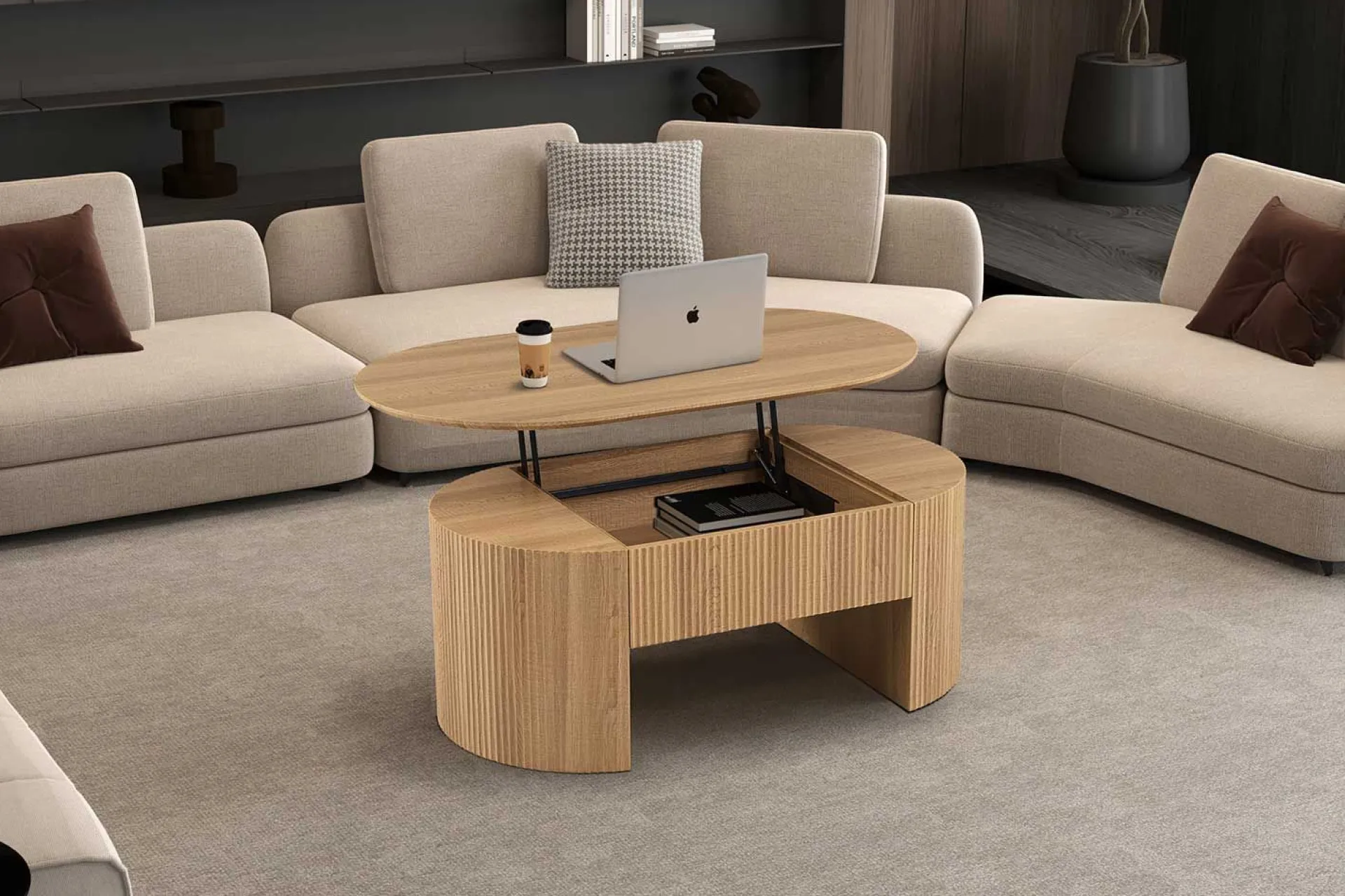 Rousseau Couchtisch Lagos - 120x70x45cm - verstellbar - mit Ablage - Eiche Dekor