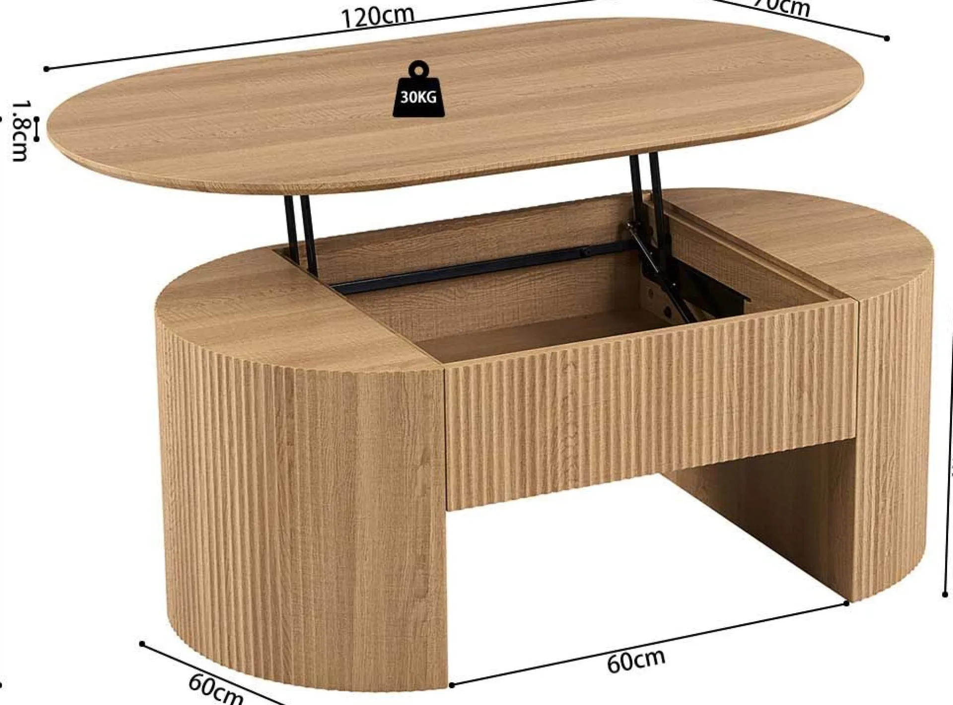 Rousseau Couchtisch Lagos - 120x70x45cm - verstellbar - mit Ablage - Eiche Dekor
