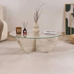 Emob Couchtisch Liya - 100% TEMPERED GLASS - Travertin - 30 x 90 x 90 cm