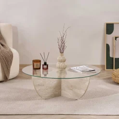 Emob Couchtisch Liya - 100% TEMPERED GLASS - Travertin - 30 x 90 x 90 cm