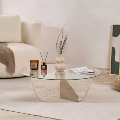 Emob Couchtisch Liya - 100% TEMPERED GLASS - Travertin - 30 x 90 x 90 cm