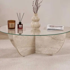 Emob Couchtisch Liya - 100% TEMPERED GLASS - Travertin - 30 x 90 x 90 cm