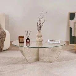 Emob Couchtisch Liya - 100% TEMPERED GLASS - Travertin - 30 x 90 x 90 cm