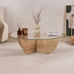 Emob Couchtisch Liya - 100% TEMPERED GLASS - Saphireiche - 30 x 90 x 90 cm
