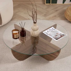 Emob Couchtisch Liya - 100% TEMPERED GLASS - Walnuss - 30 x 90 x 90 cm