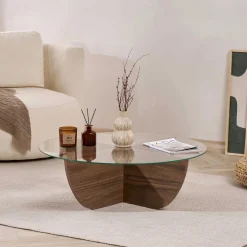 Emob Couchtisch Liya - 100% TEMPERED GLASS - Walnuss - 30 x 90 x 90 cm