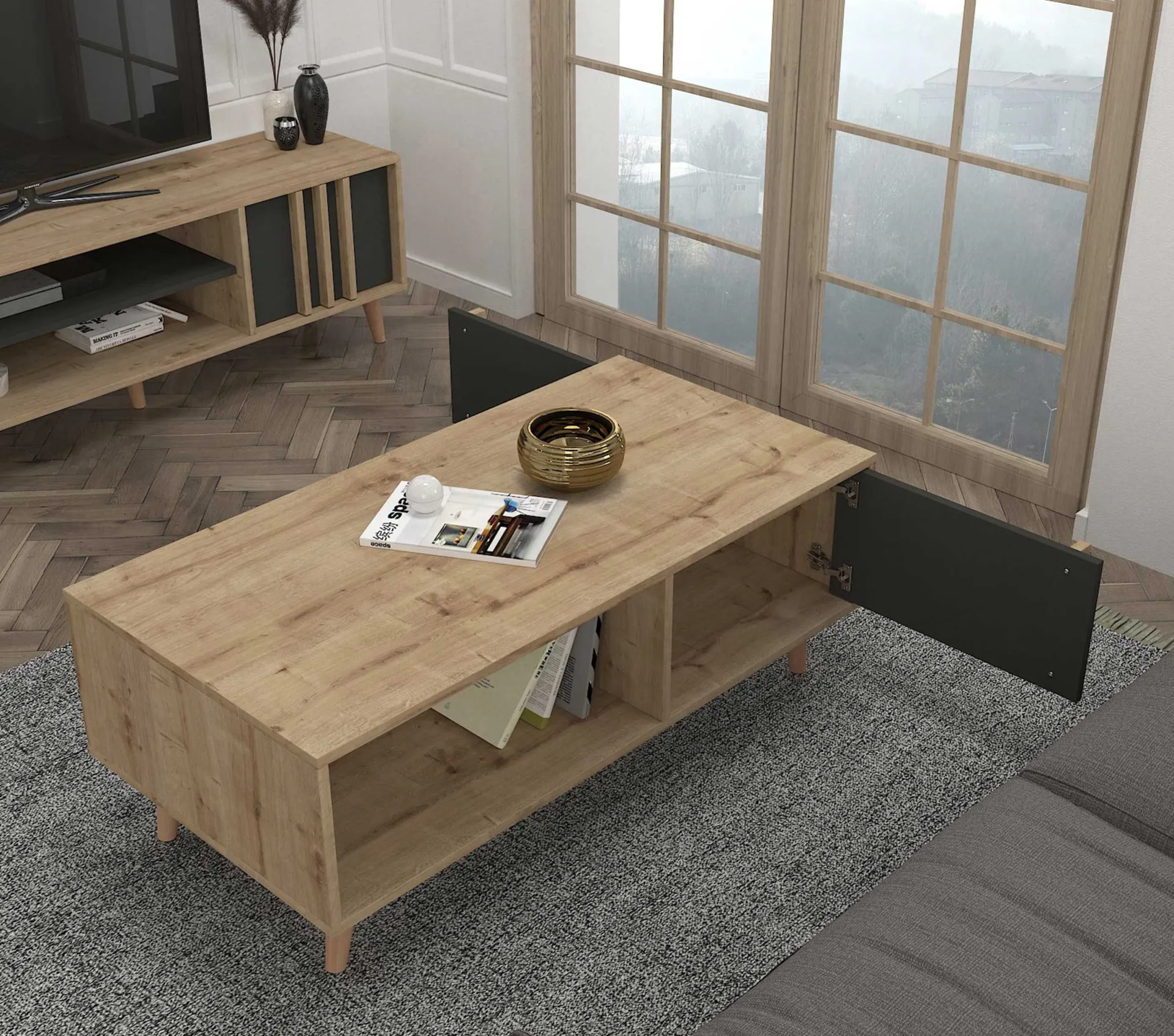 Emob Couchtisch Malmo - 120x60x45cm - mit Ablage - Eiche Dekor/anthrazit
