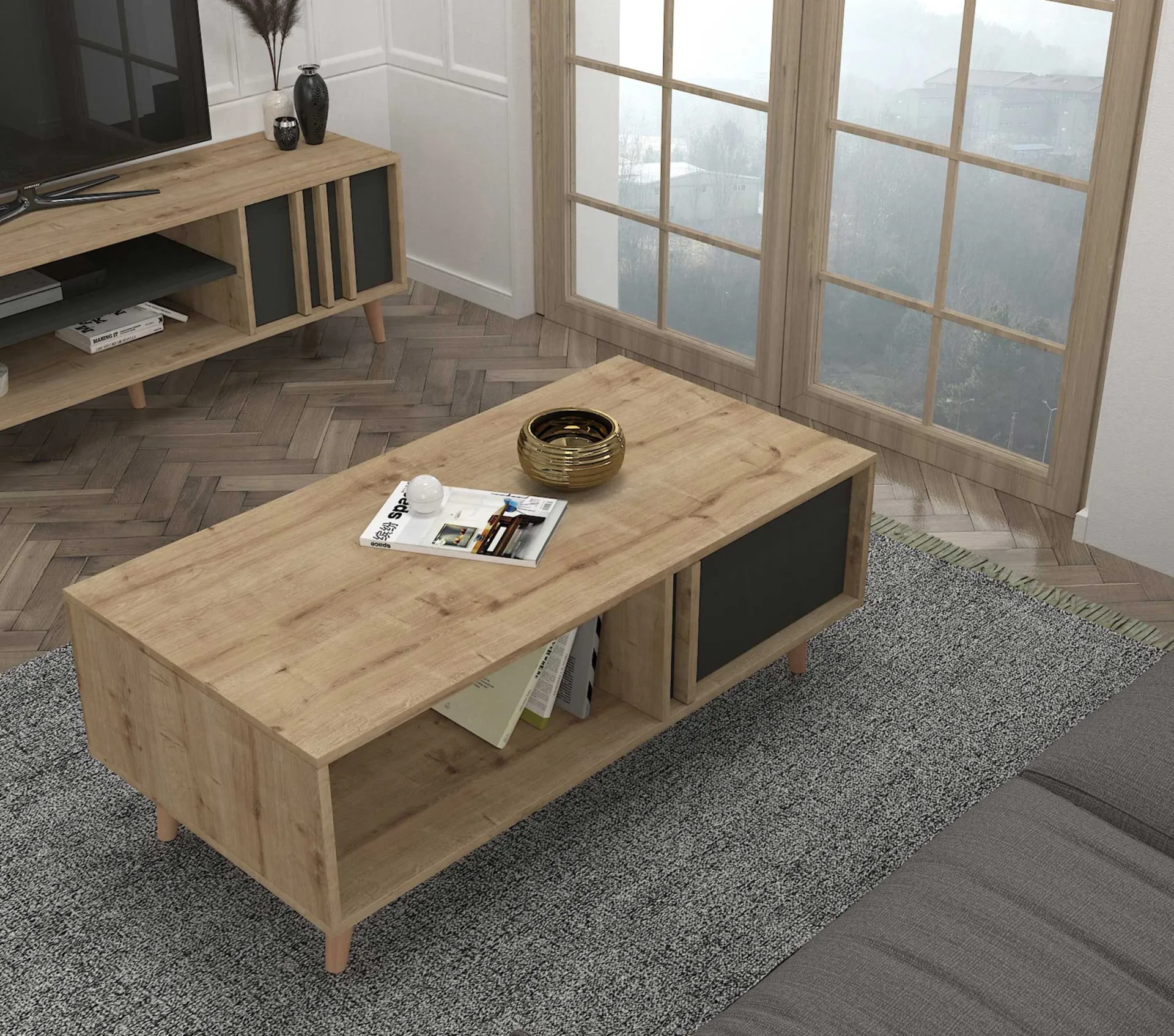 Emob Couchtisch Malmo - 120x60x45cm - mit Ablage - Eiche Dekor/anthrazit