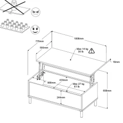 Parisot Couchtisch Morpheus - 100x50x44-65cm - mit Ablage - Eiche Dekor/Weiß
