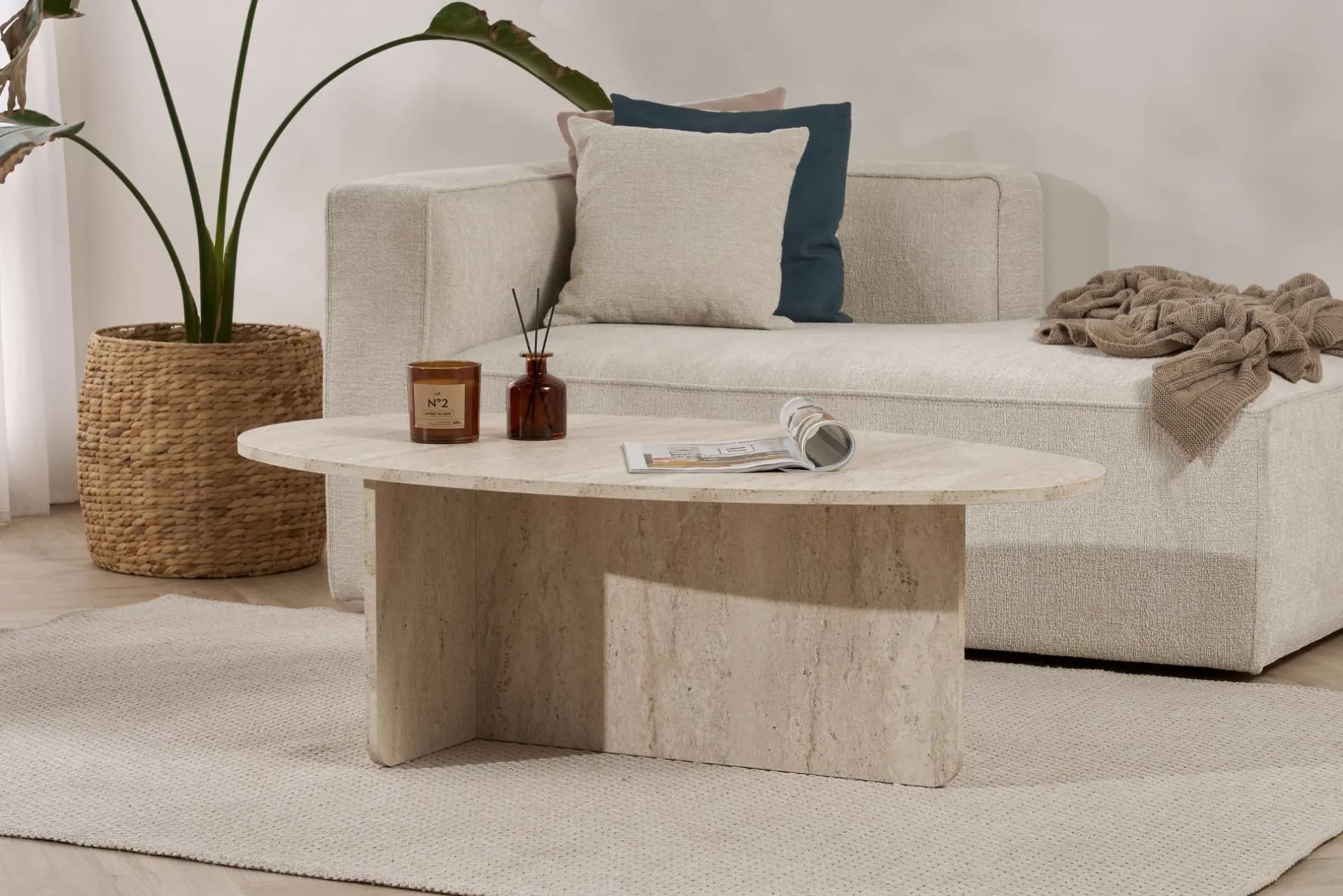 Emob Couchtisch Orba - 100% MELAMINE - Travertin - 40 x 65 x 120 cm