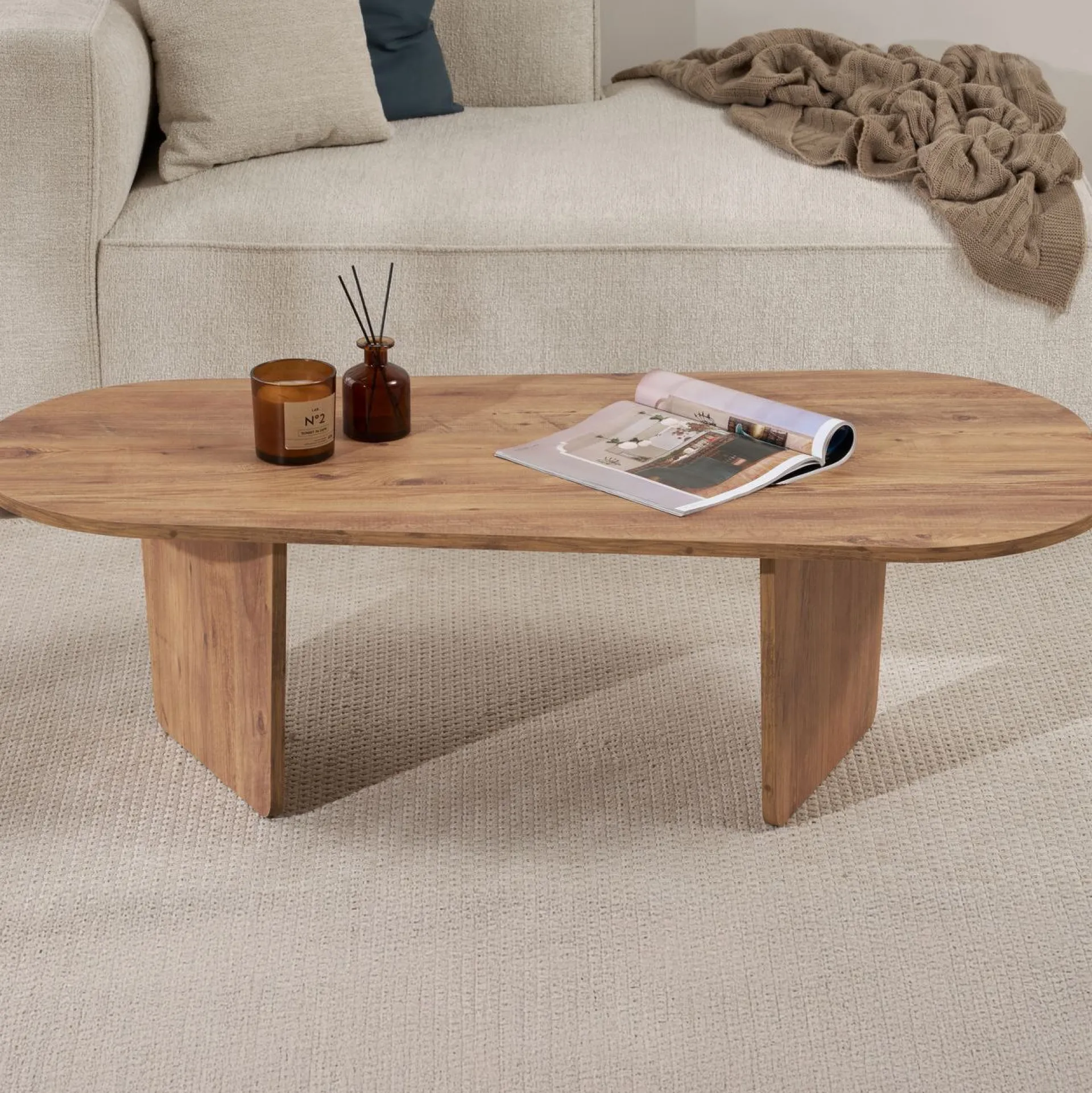 Emob Couchtisch Ovalis - 100% MELAMINE - Atlantik-Kiefer - 40 x 65 x 130 cm