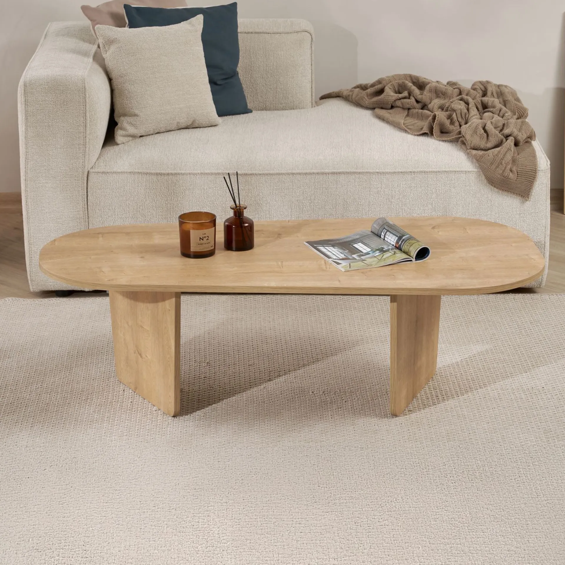 Emob Couchtisch Ovalis - 100% MELAMINE - Eiche - 40 x 65 x 130 cm