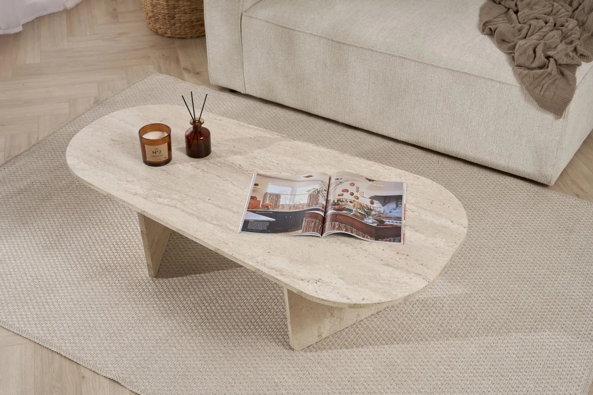Emob Couchtisch Ovalis - 100% MELAMINE - Travertin - 40 x 65 x 130 cm