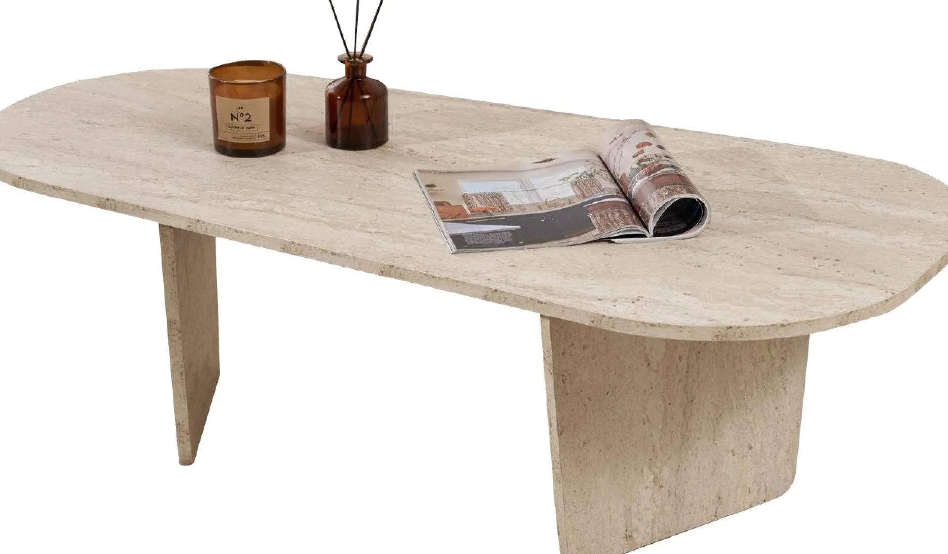 Emob Couchtisch Ovalis - 100% MELAMINE - Travertin - 40 x 65 x 130 cm
