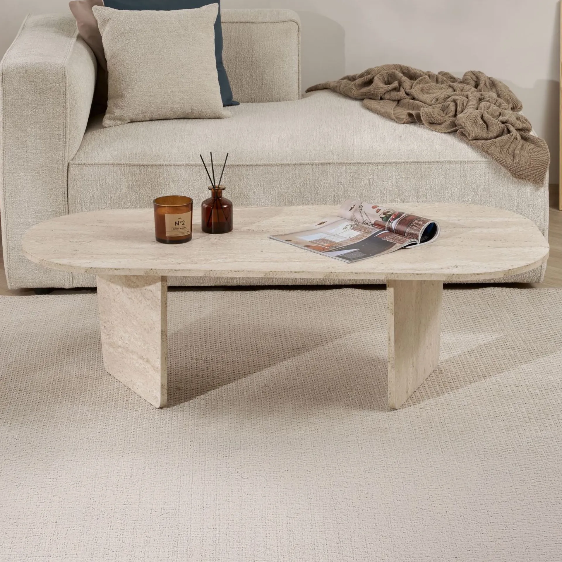 Emob Couchtisch Ovalis - 100% MELAMINE - Travertin - 40 x 65 x 130 cm