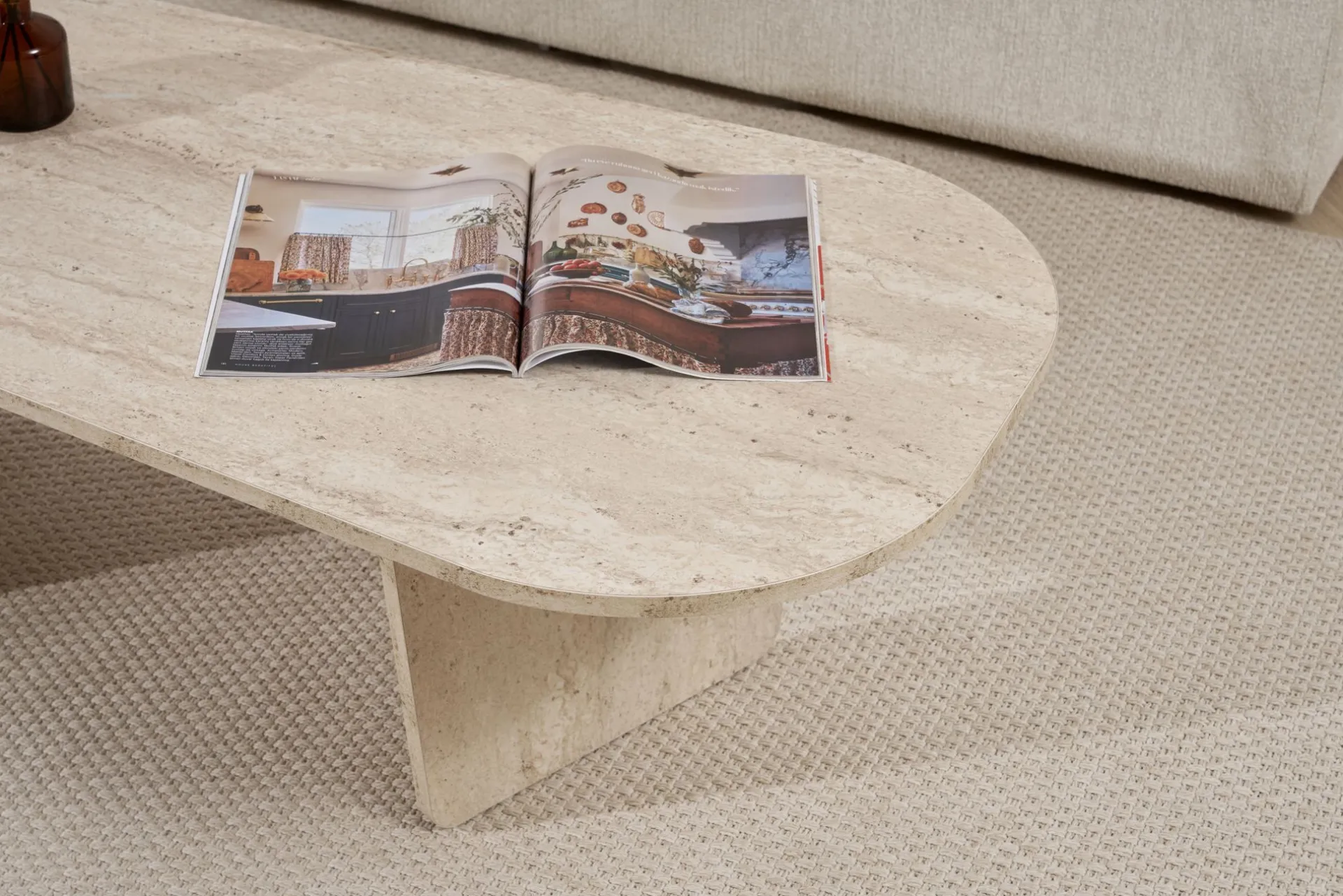 Emob Couchtisch Ovalis - 100% MELAMINE - Travertin - 40 x 65 x 130 cm