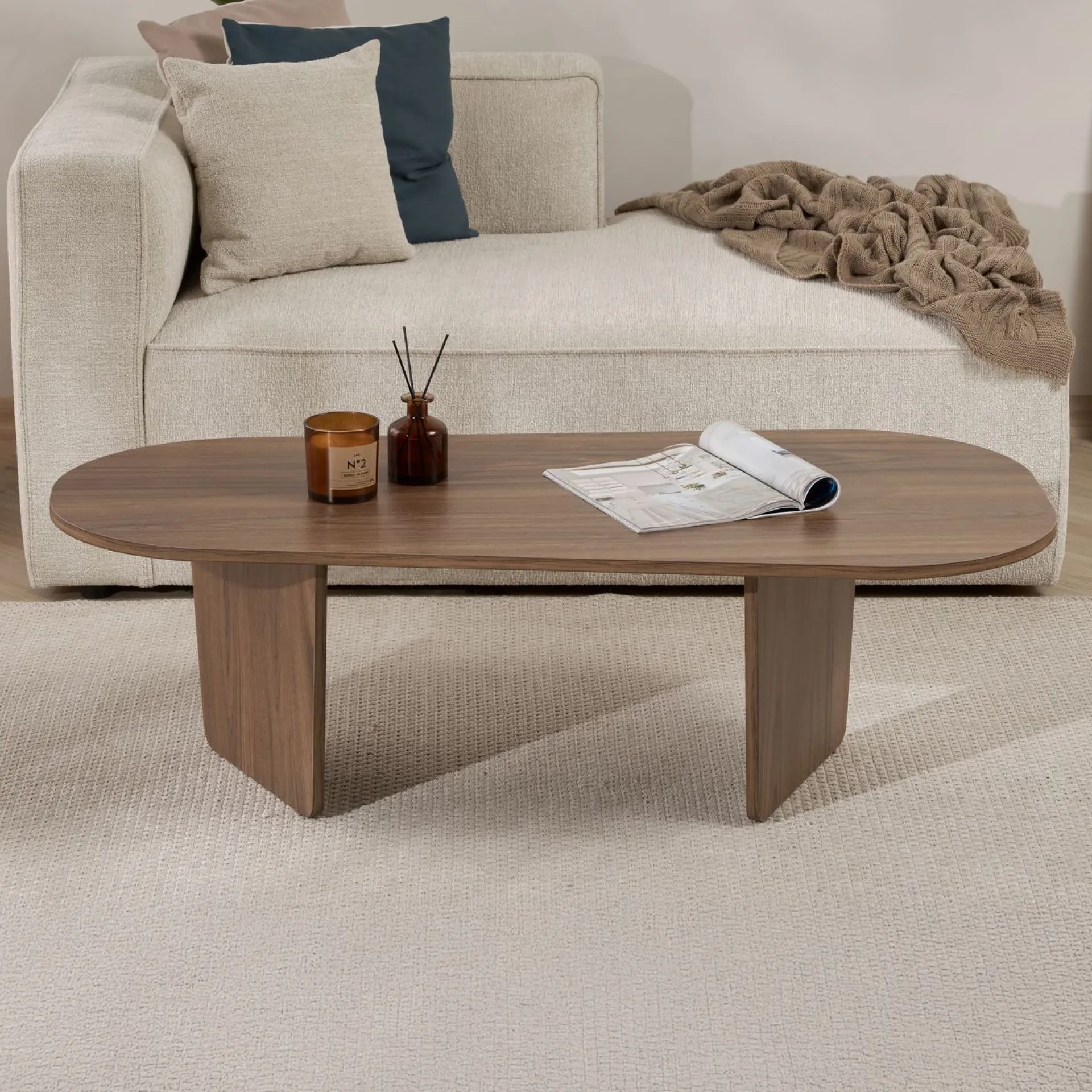 Emob Couchtisch Ovalis - 100% MELAMINE - Walnuss - 40 x 65 x 130 cm