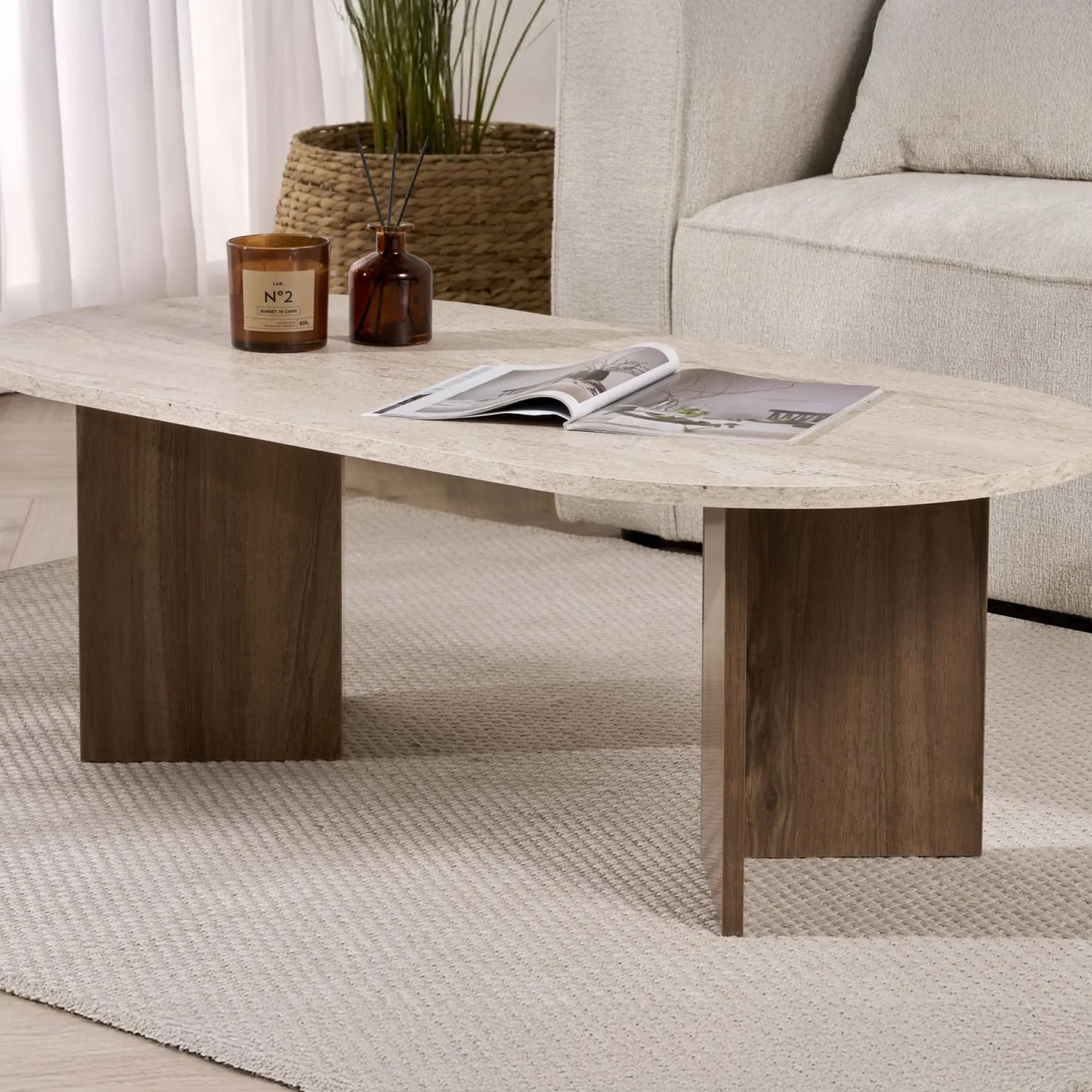 Emob Couchtisch Sable - 100% MELAMINE - Travertin - 40 x 60 x 119 cm