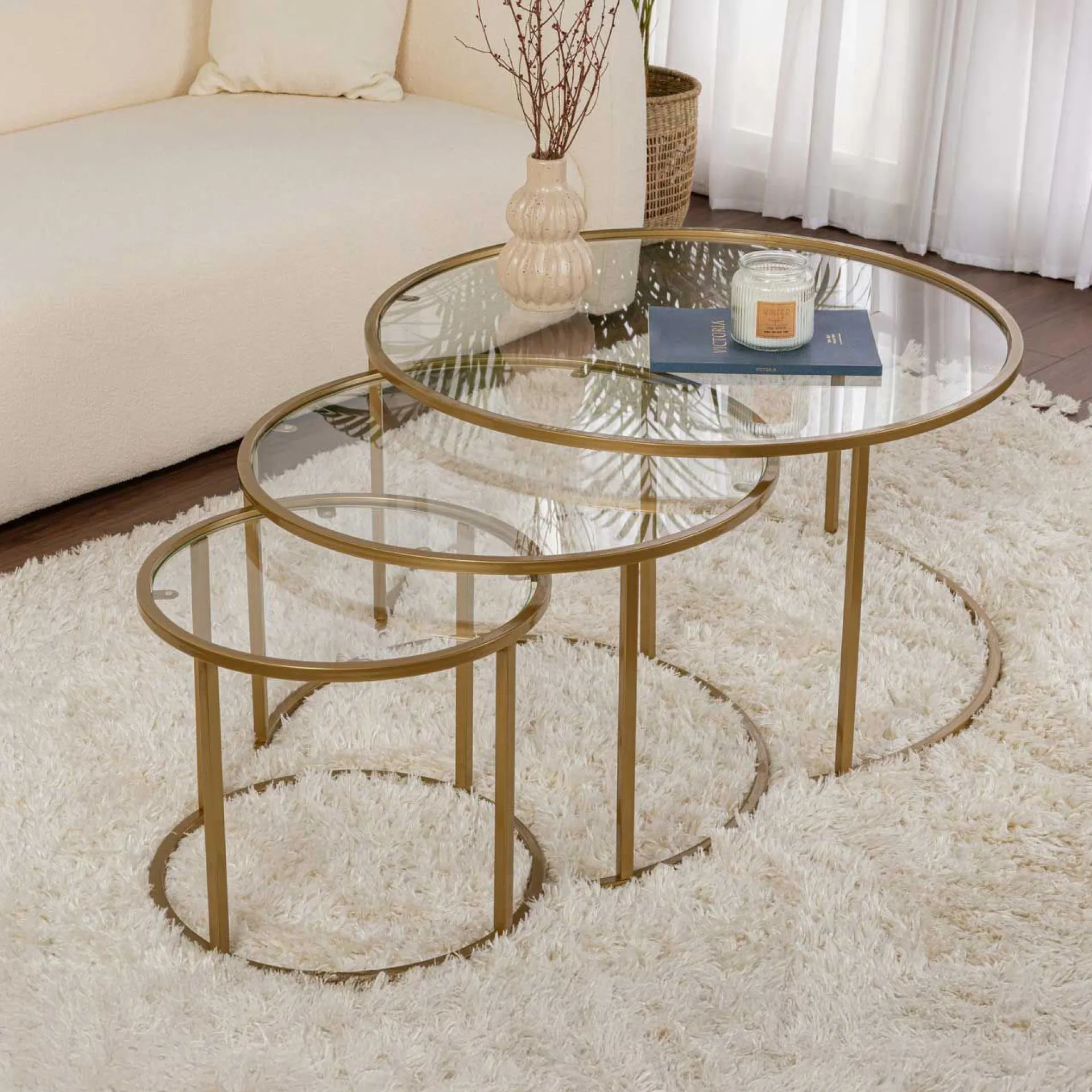 Emob Couchtisch-Set Aurum - 100% TEMPERED GLASS - Gold - 43 x 80 x 80 cm