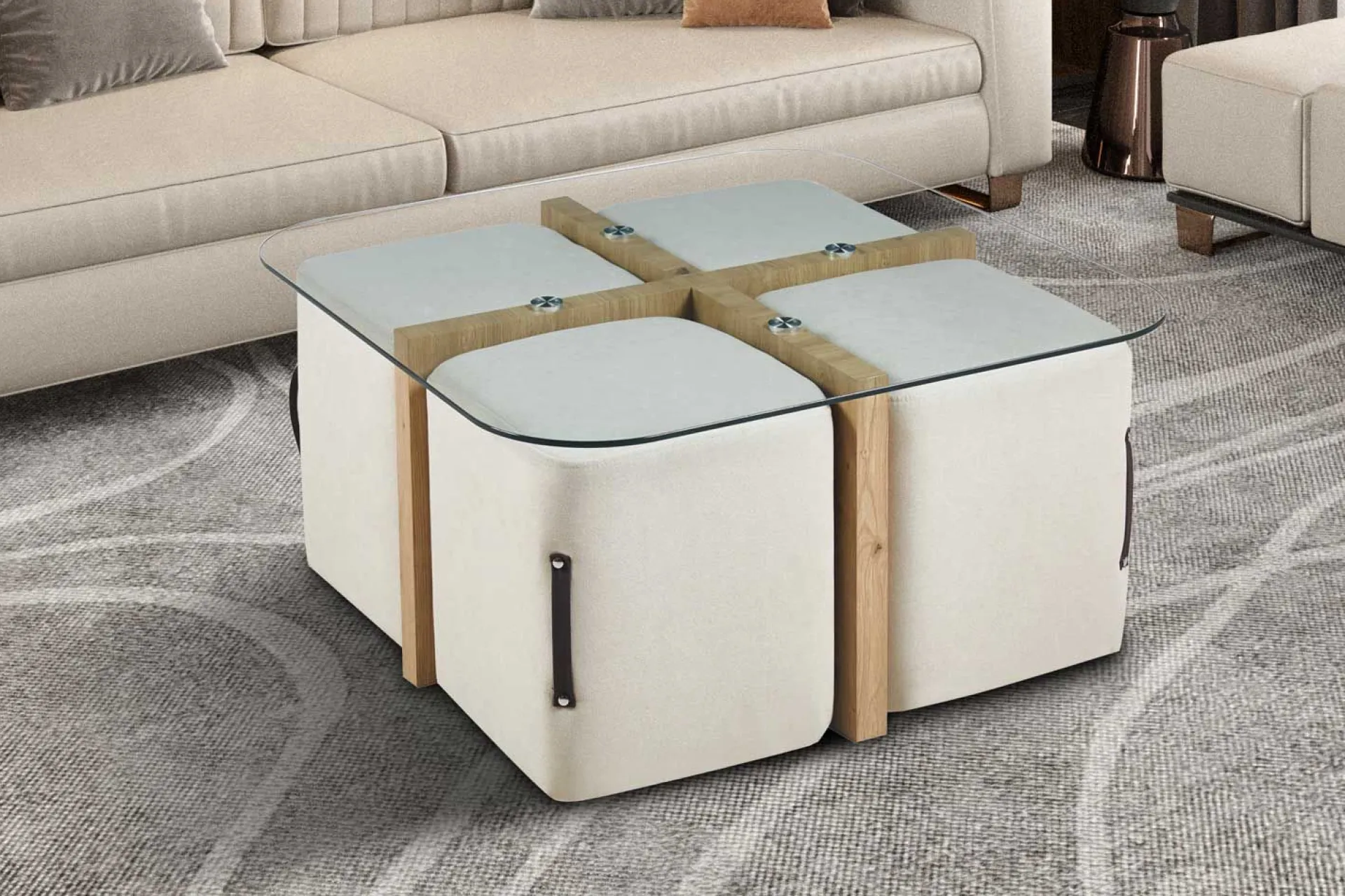 Rousseau Couchtisch-Set mit vier Hockern Shana | 90 x 90 x 45 cm | - Glas
