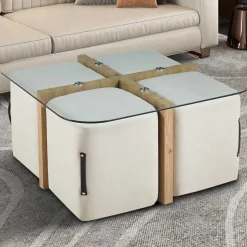 Rousseau Couchtisch-Set mit vier Hockern Shana | 90 x 90 x 45 cm | - Glas