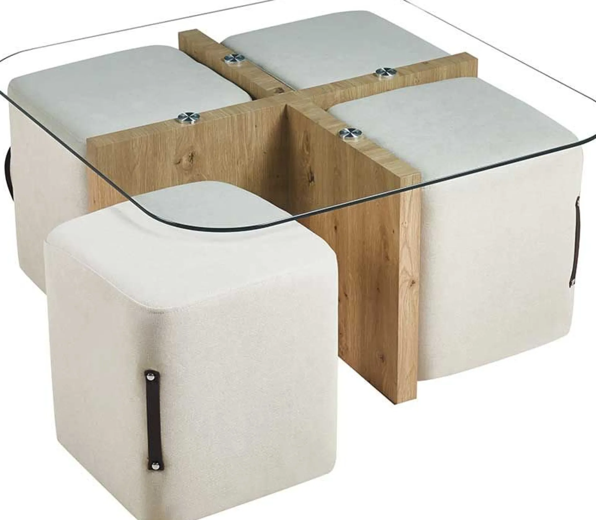 Rousseau Couchtisch-Set mit vier Hockern Shana | 90 x 90 x 45 cm | - Glas