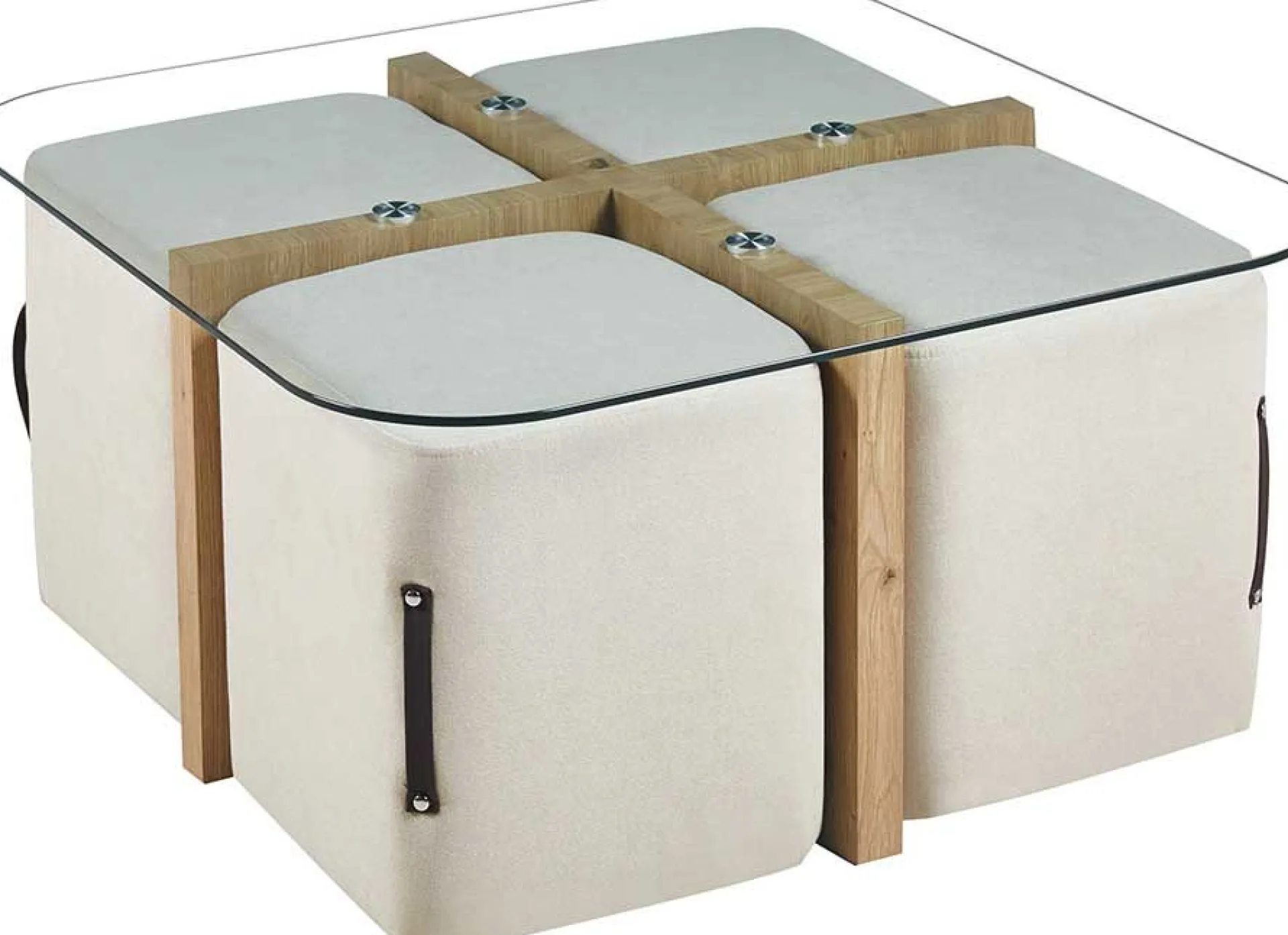 Rousseau Couchtisch-Set mit vier Hockern Shana | 90 x 90 x 45 cm | - Glas