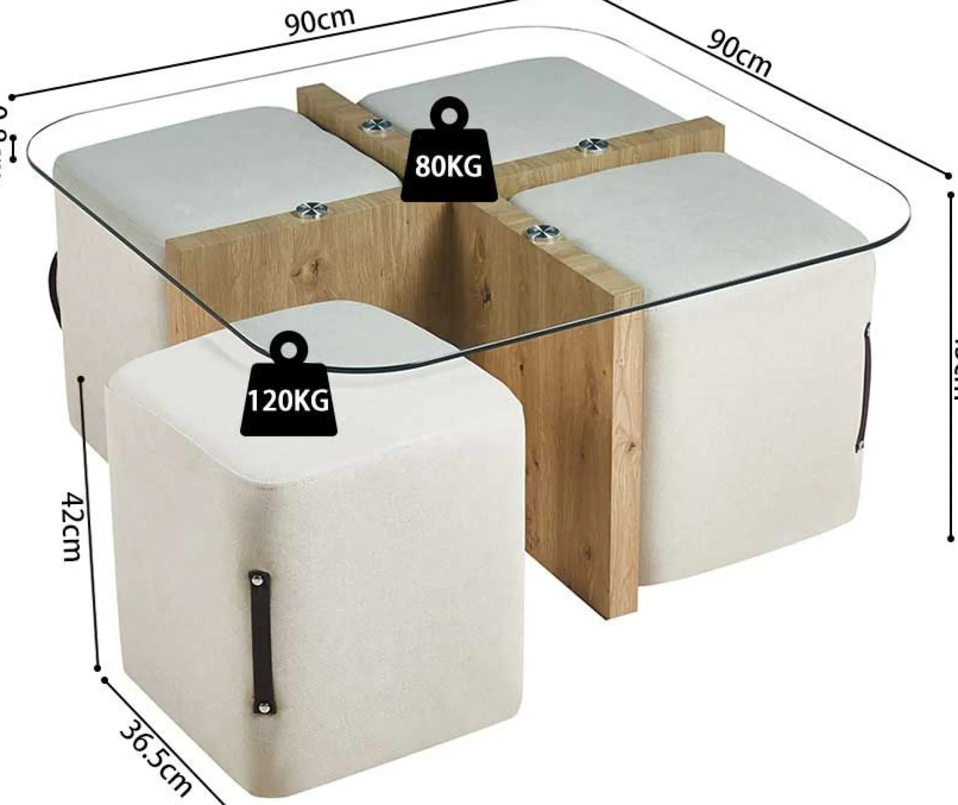 Rousseau Couchtisch-Set mit vier Hockern Shana | 90 x 90 x 45 cm | - Glas