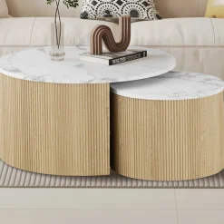 Rousseau Couchtisch-Set Rowan - Ø80x42cm und Ø50x37cm - Eiche Dekor/Marmor