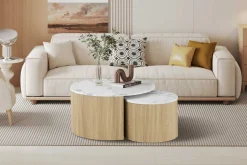 Rousseau Couchtisch-Set Rowan - Ø80x42cm und Ø50x37cm - Eiche Dekor/Marmor