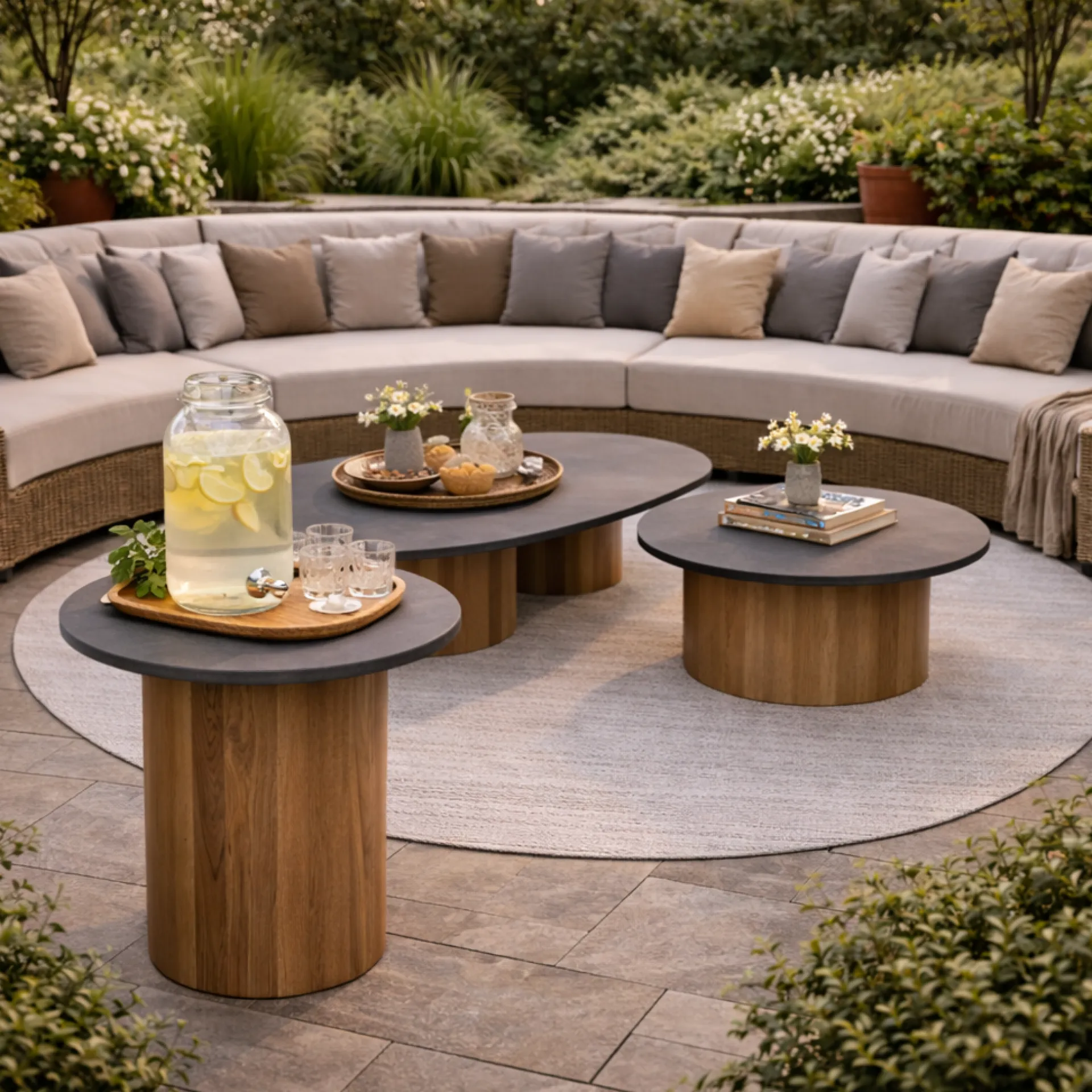 Gescova Couchtisch Viola Ø42cm - Teakholz und gesinterter Stein - Dunkelgrau