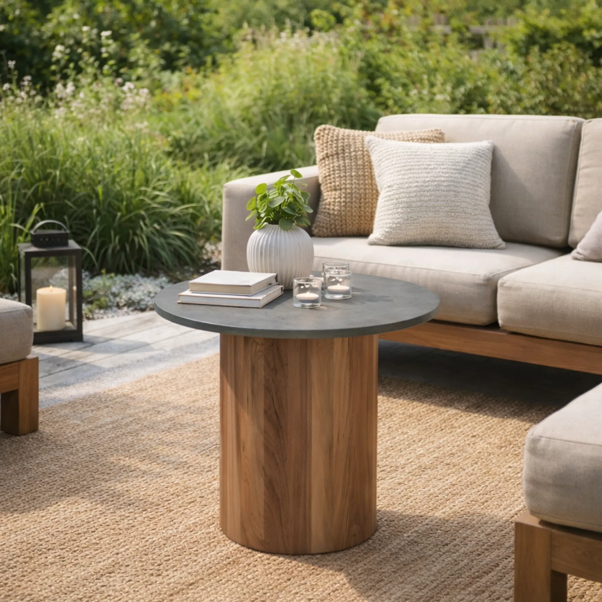 Gescova Couchtisch Viola Ø42cm - Teakholz und gesinterter Stein - Dunkelgrau